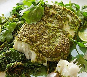 Halibut topped with green curry has a lot of protein