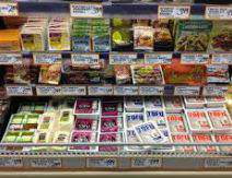 A display of tofu in a vegan store